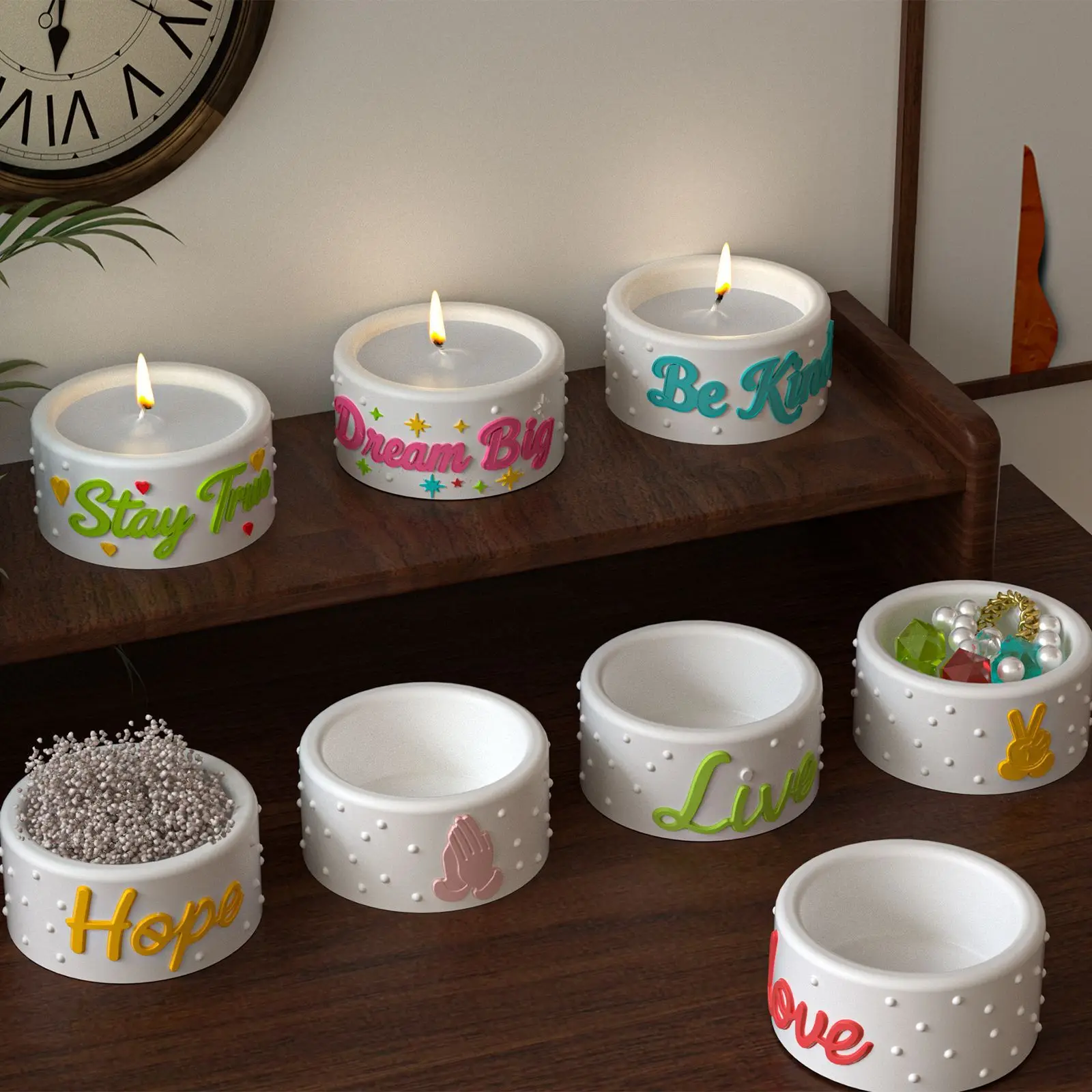 4-Loch-Silikonform mit englischen Worten und Geste-Motiven für Kerzenständer, DIY Kreative Polka-Dot-Segen-Phrasen-Modellierform, Gips-Bastelset