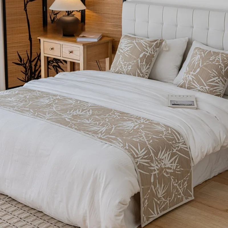 Luxury Bed Runner Scarf Oatmeal Beige Bamboo Leaf Jacquard Bed Flag High Quality Oriental Zen Style Bed End Towel Bedroom Decor
