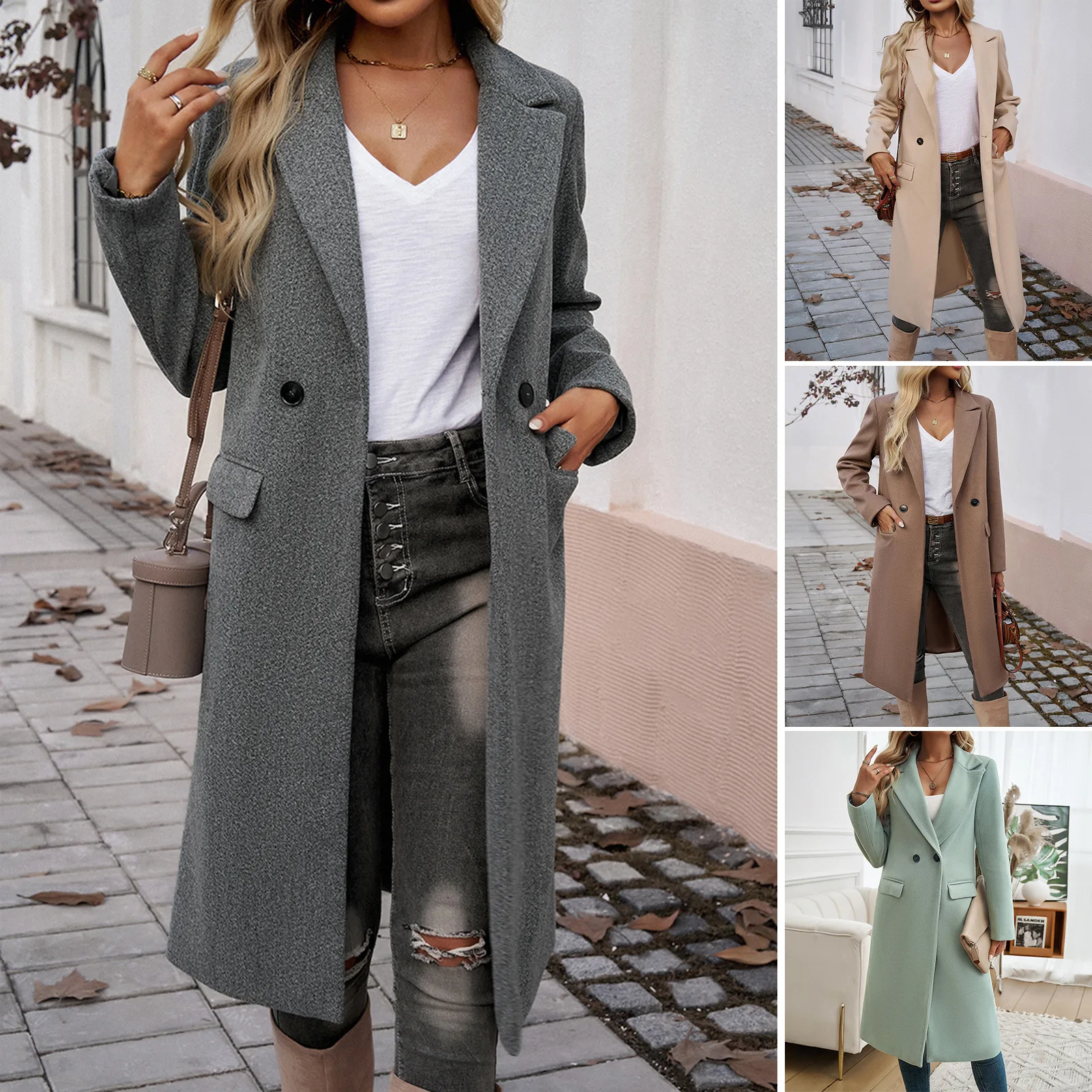Gabardina recta para mujer, botón de solapa, mezclas largas, traje de lana con cuello, cárdigan de longitud media, chaqueta, ropa de abrigo clásica para oficina