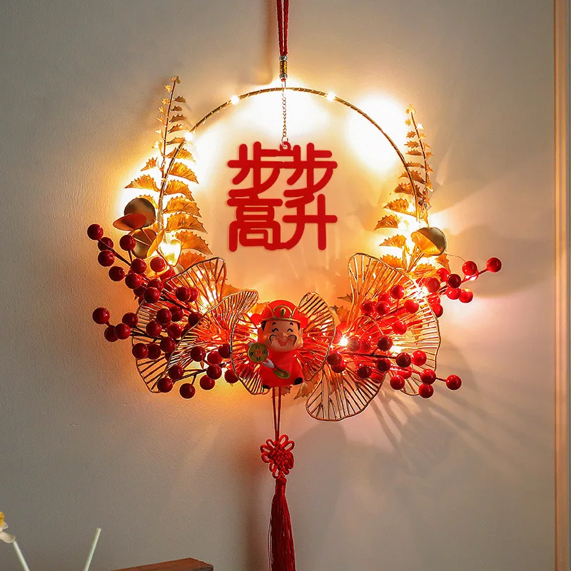 Портативный Китайский Новогодний венок для дома и офиса, освещенная гирлянда для спальни, подвесное украшение на батарейках
