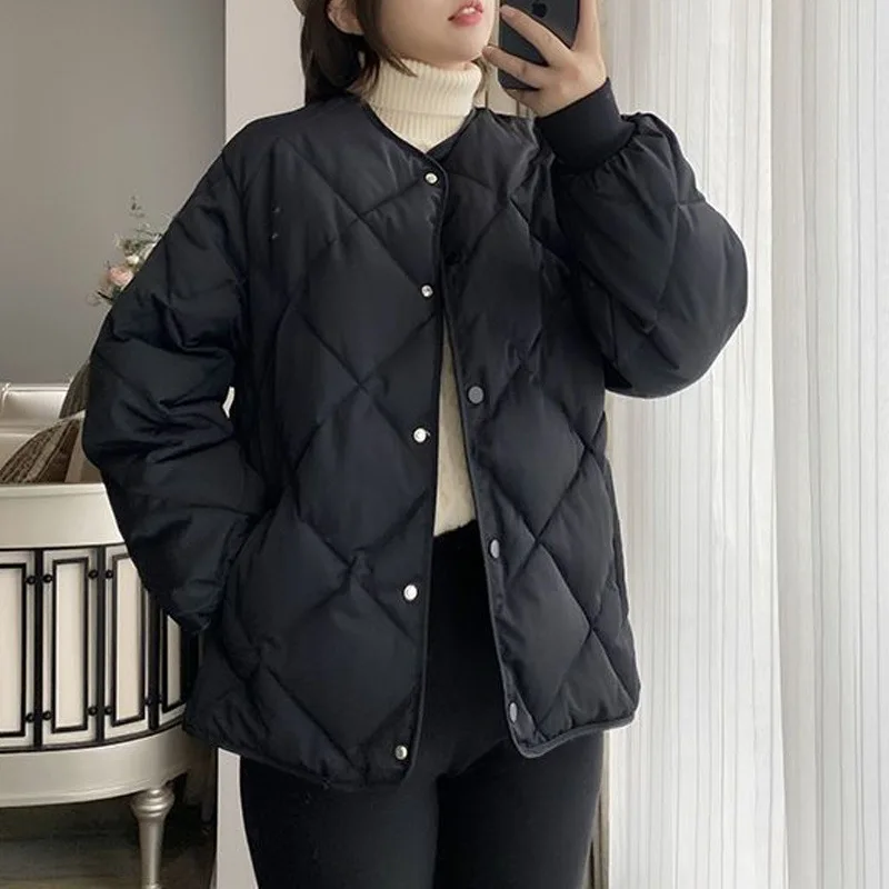 2024 New Rhombus Collarless down Jacket Cotton-padded Clothes Women Lightweight Short Loose round Neck Spring Cotton-Padded C...