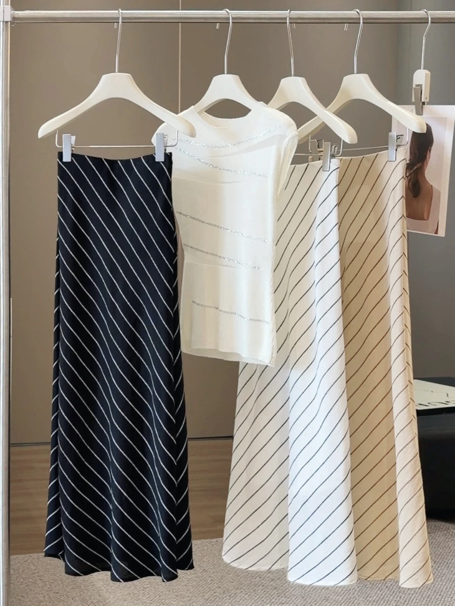 

Женская модная винтажная юбка Foamlina с диагональными полосками, высокой талией, в корейском стиле, облегающая миди-юбка, летняя элегантная повседневная юбка для улицы