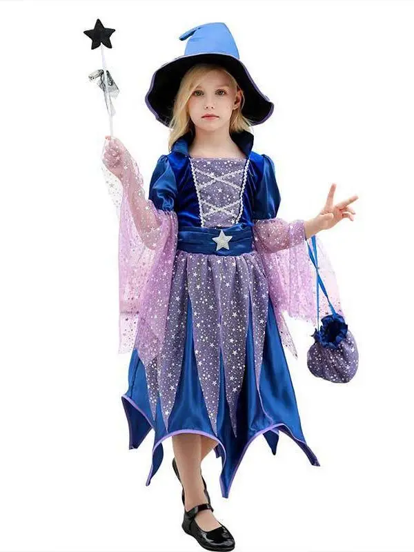 Allerheiligen Kinder Dunkelblaues Stern-Tüll-Hexenkostüm 4-teiliges Set Kleid+Zauberhut+Zauberstab-Tasche Mädchen Halloween Cosplay Outfit – Detail 4