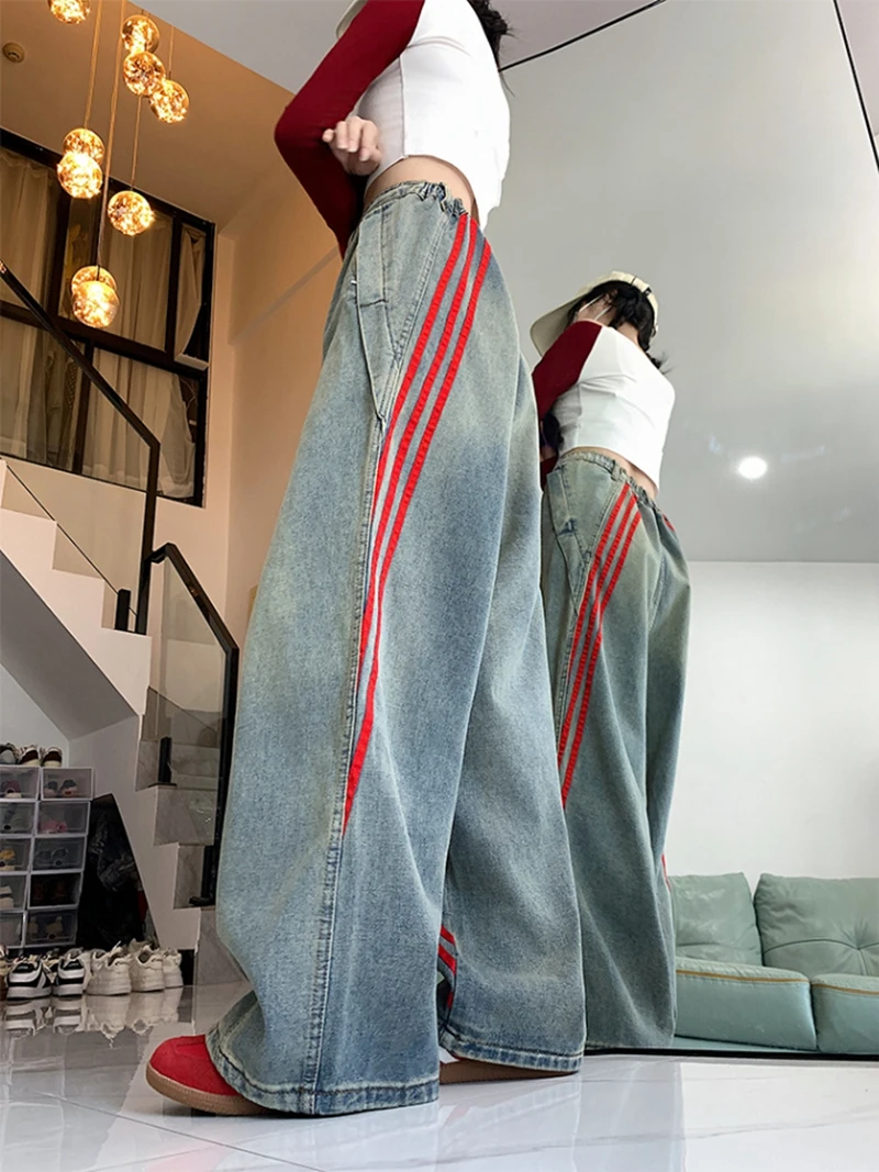 Retro Y2k Blue Striped Wide Leg Pants Oversized High-waisted Jeans Women Y2k Street Aesthetic Popular Straight Baggy Pant