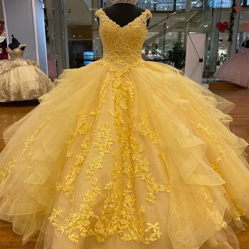 Angelsbridep-vestido de princesa con cuello en V para niña de 15 años, traje amarillo con apliques para fiesta de noche y quinceañera