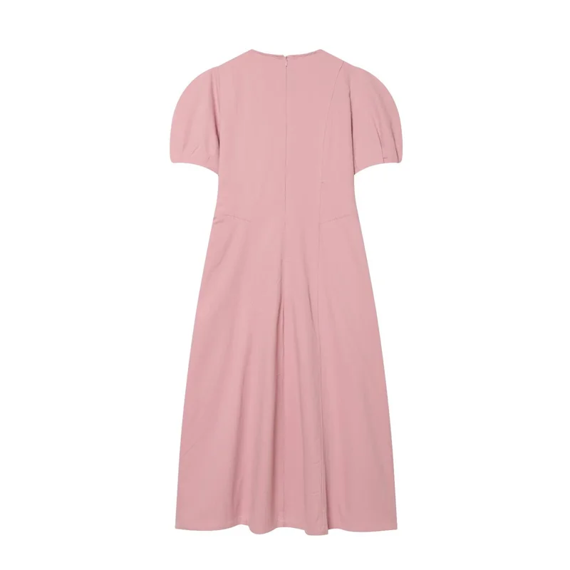 KEYANKETIAN 2026 Minimalist Structured Puff Sleeve Dress Formal Round Neck Fitted Waist Pockets Puff Sleeves Slim-fit Midi Dress