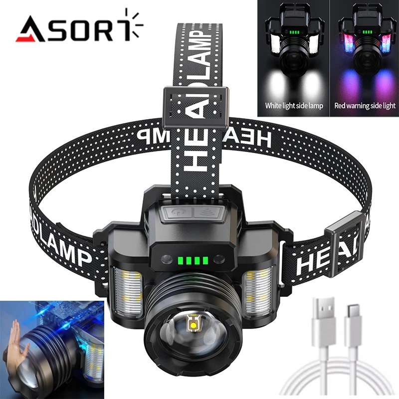 

High Power Headlamp Rechargeable Headlight 30W LED Beads Wave Sensors Built in Battery Long Range Head Lamp Fishing Camping Work