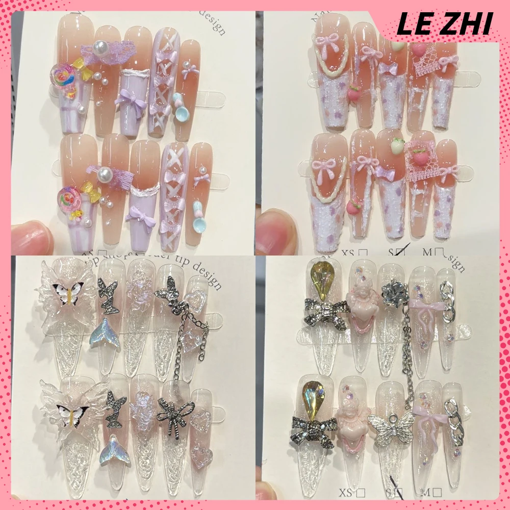 

10Pcs Sweet Butterfly Bowknot Wearable Handmade Nail Party Stickers Flower Pearl Rhinestone Cat Eyes Strawberry Press On Nails