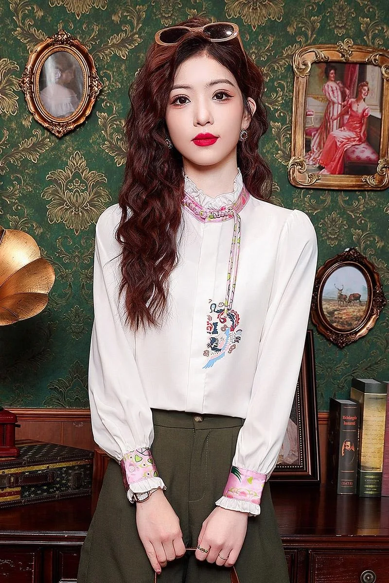 Blusa de seda manga longa feminina, camisa com gola O, top solto, roupa casual, moda coreana, verão, branca, nova, 2023