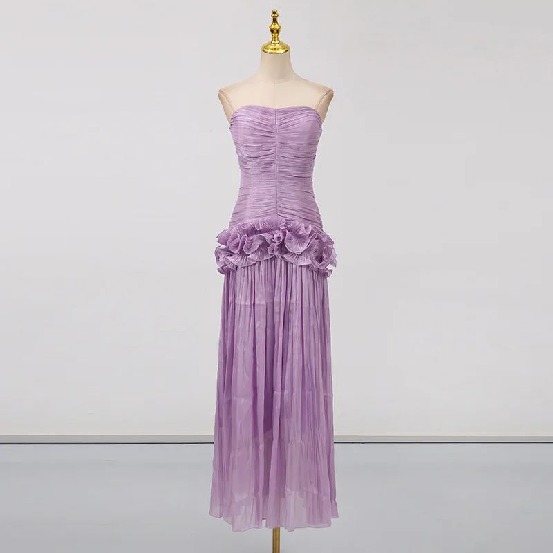 QMANSHA Champagnerfarbenes, plissiertes Chiffon-Abendkleid, trägerloses, gerafftes Oberteil, 3D-Rüschen an der Taille, hoher Schlitz, bodenlanges Abendkleid – Detail 15