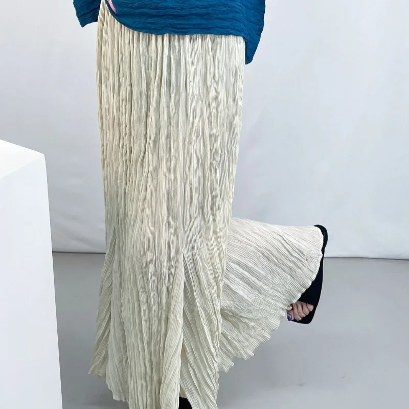 Textured Pleated Women's Skirt Simple Casual Fashion Solid Color Elegant High Waist Irregular Slit Stretch Long Skirt 2026 New