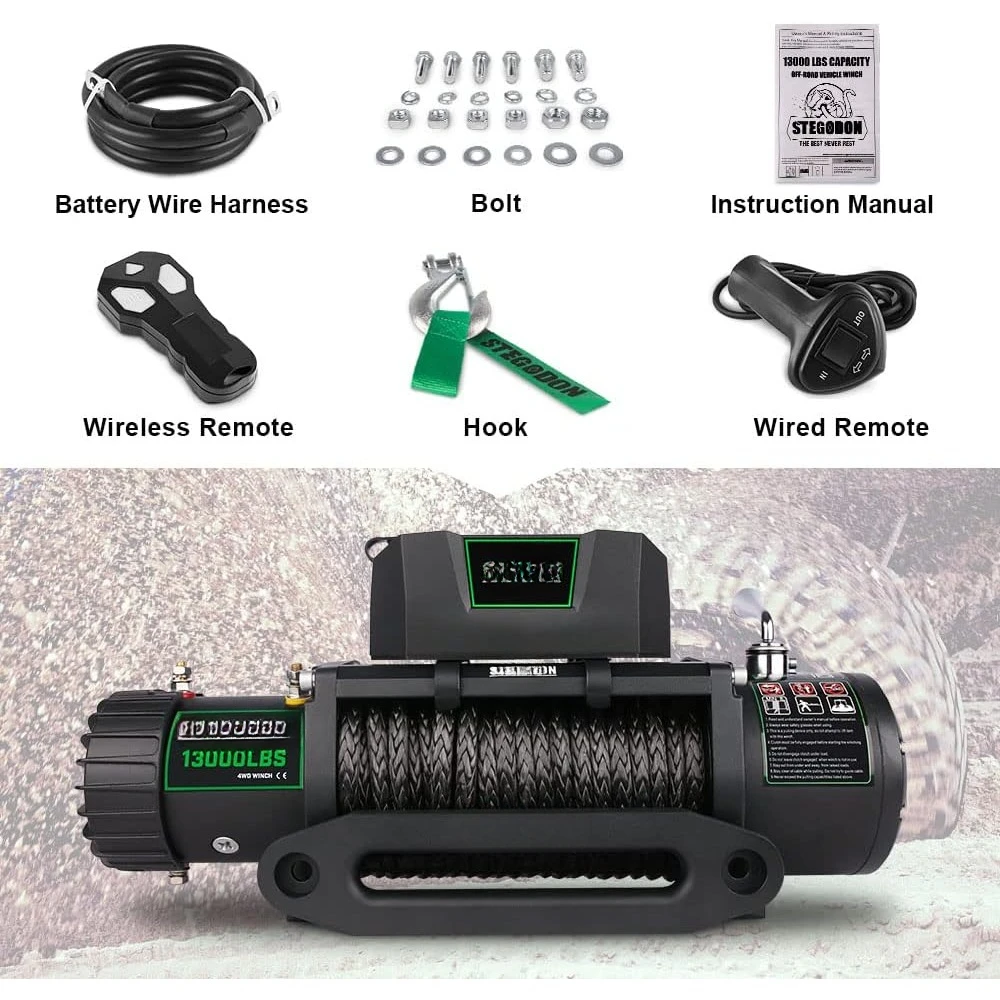 Cabrestante eléctrico de cuerda sintética impermeable, 13 000lb, 12V, Control remoto inalámbrico de mano y con cable