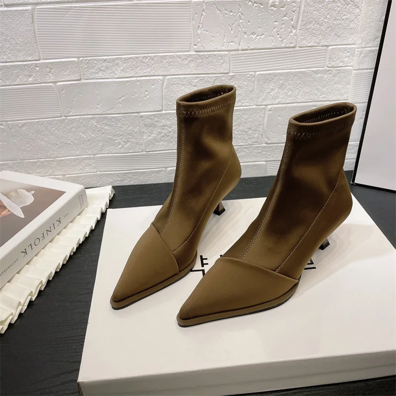 

Luxury 2023 Autumn Elegant Ladies High Heels New Satin Pointed Toe Short Boots Women Thin Heel Stretch Sock Boots Female Shoes