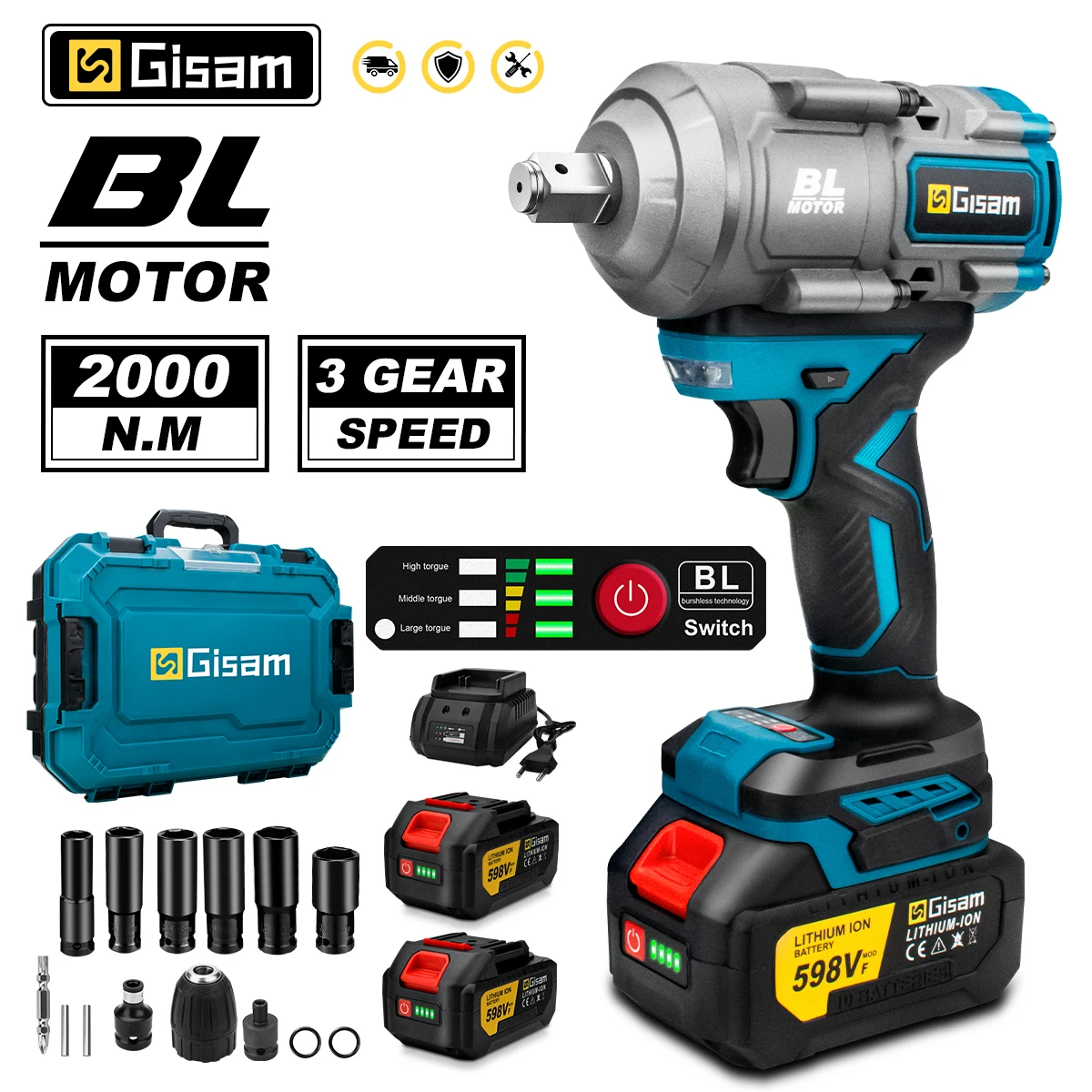 Gisam 2000N.M Brushless Electric Wrench 1/2 inch Impact Wrench Cordless ScrewdriverWrench Power Tools For Makita 18V Battery