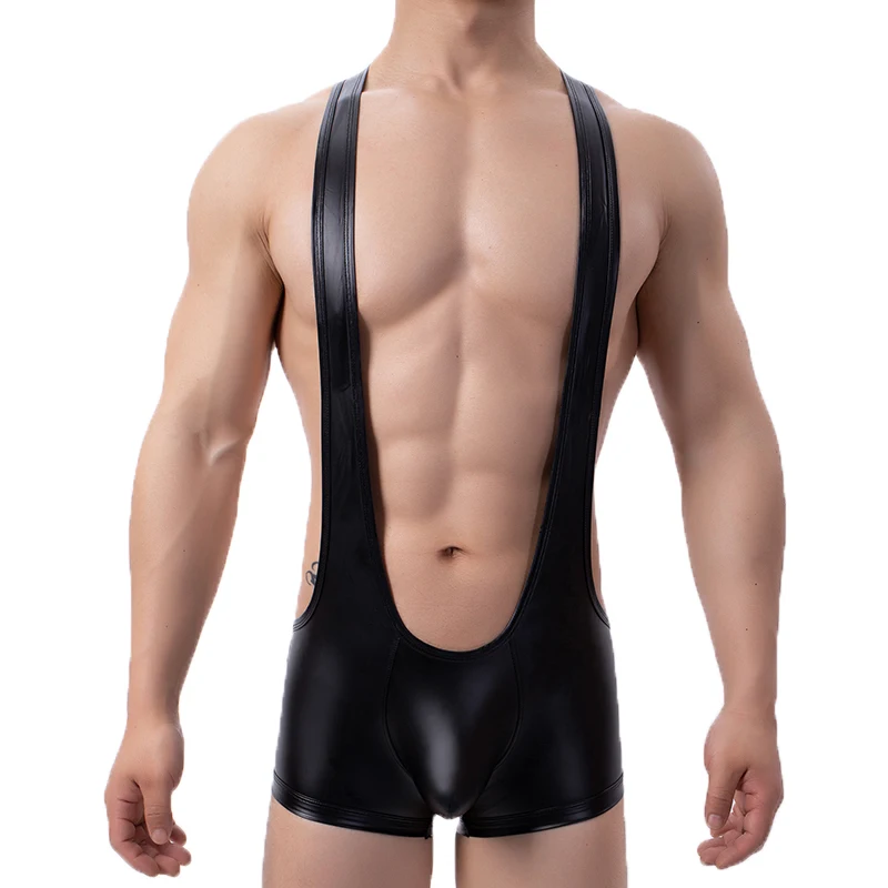 Men PU Leather Undershirts Leotard Sexy Penis Pouch Latex Bodysuits Boxers Fitness Wrestling Singlet Jumpsuits Rompers One-Piece