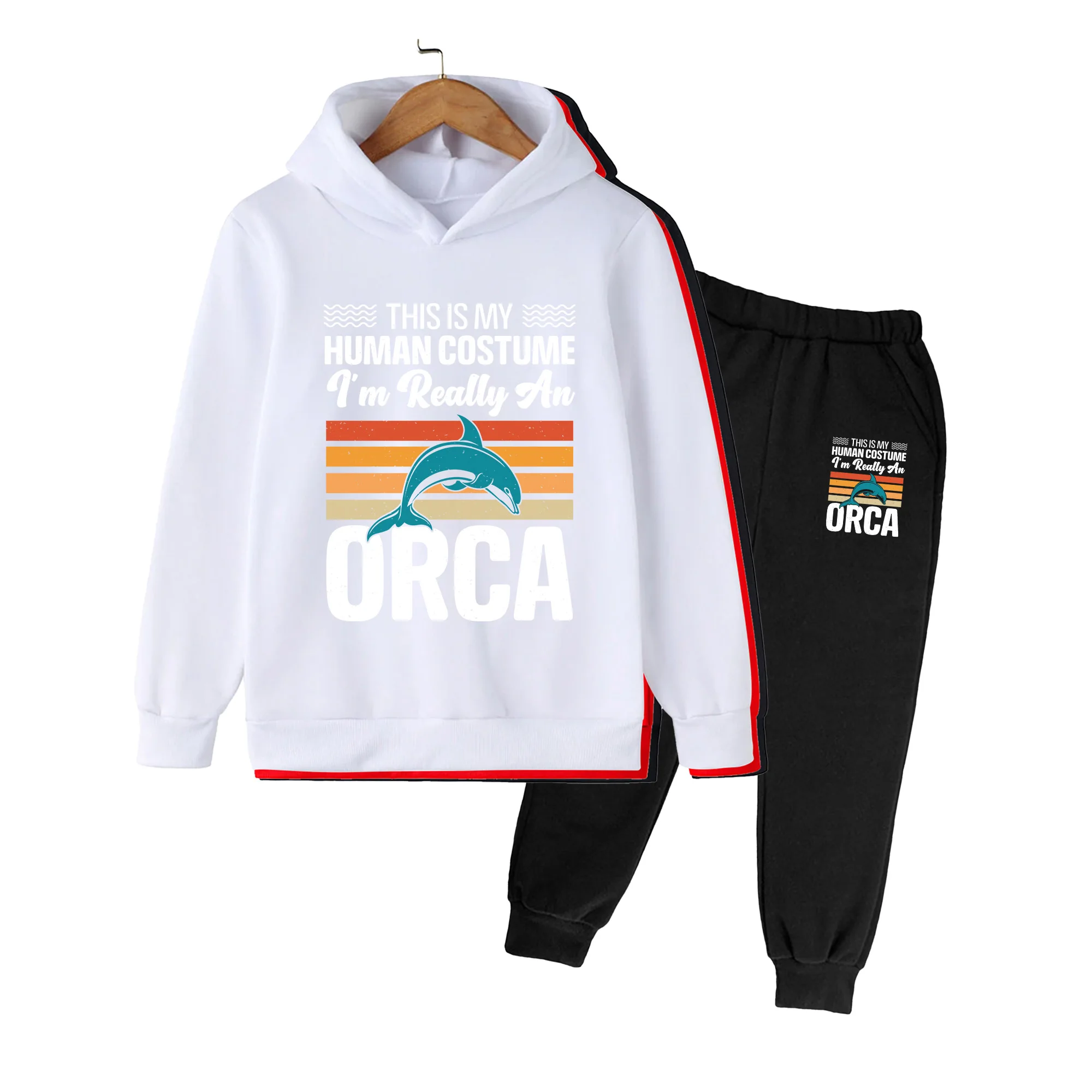 Kids Hoodie & Sweatpants Set, Retro Dolphin Print Long Sleeve Outfit for Boys Girls, Casual Daily Wear