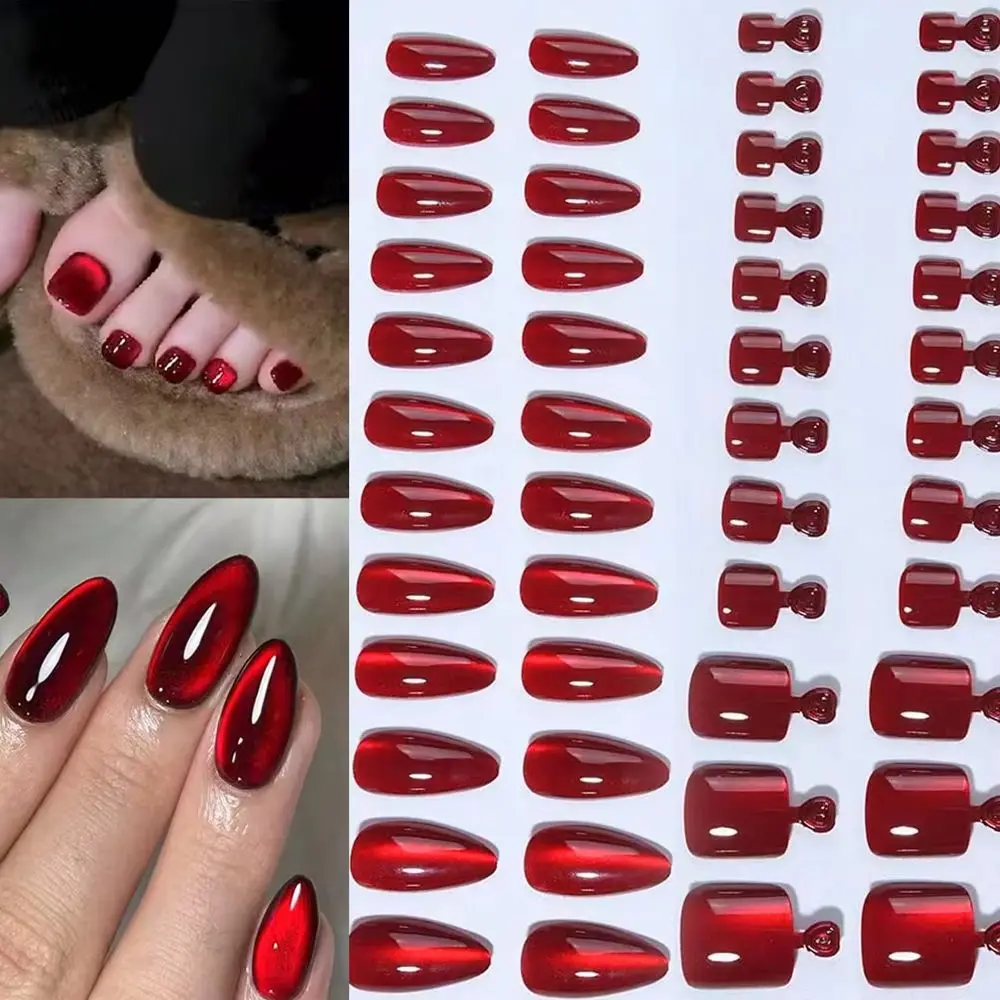 

1 set Shiny Wine Red Cat Eye Press On Nails, 24pcs Almond Fingernails & 24pcs Short Square Toenails, Wearable Tips for Women