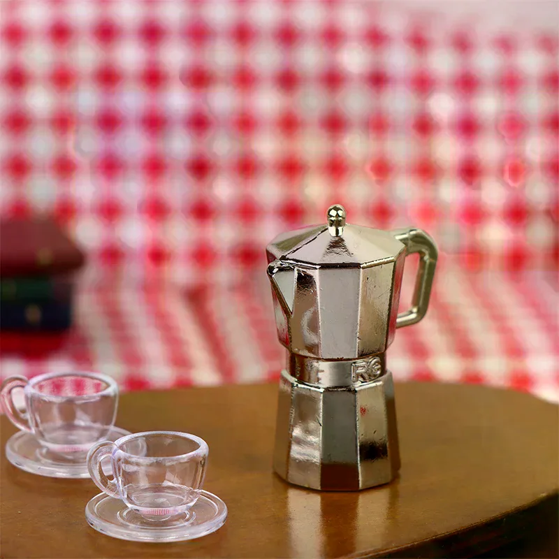 Prachtige 1:12 poppenhuis miniatuur Moka pot met koffiepot, metalen waterkoker en beker lade poppenhuis keukenaccessoires