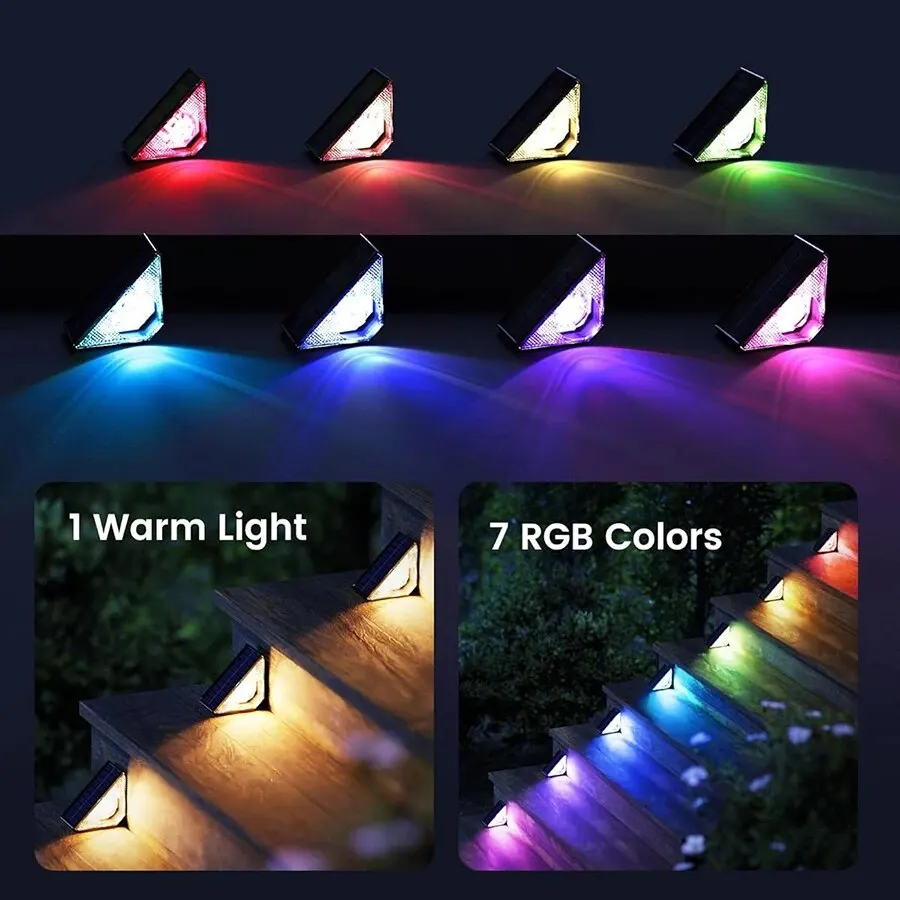 مصابيح LED تعمل بالطاقة الشمسية لسطح السلالم ، مقاومة للماء ، أبيض دافئ ، 7 ألوان RGB ، IP65 ، ديكور خارجي ، 6 عبوات