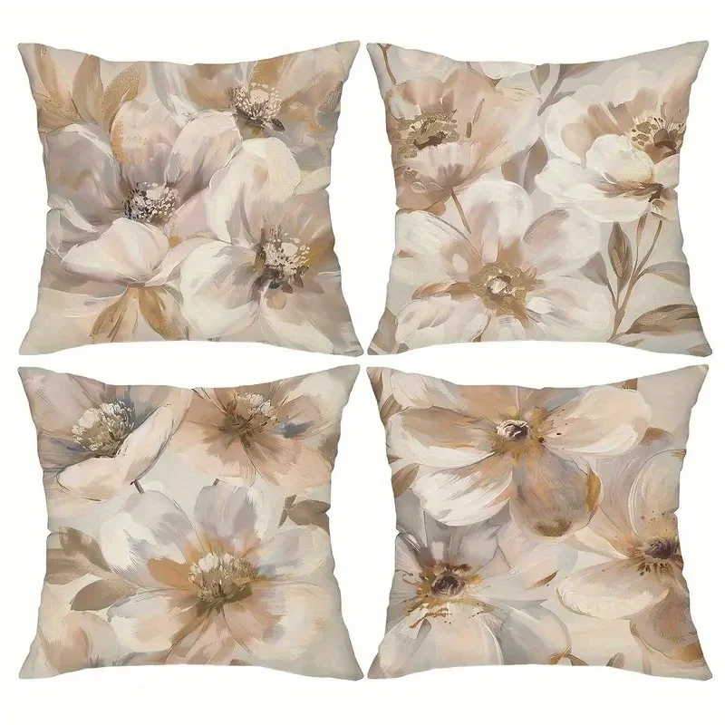 4 Piece Floral Pillow Covers Set Beige Peony Rose Accent Throw Pillow for Home Decor Living Room Bedroom Botanical Print
