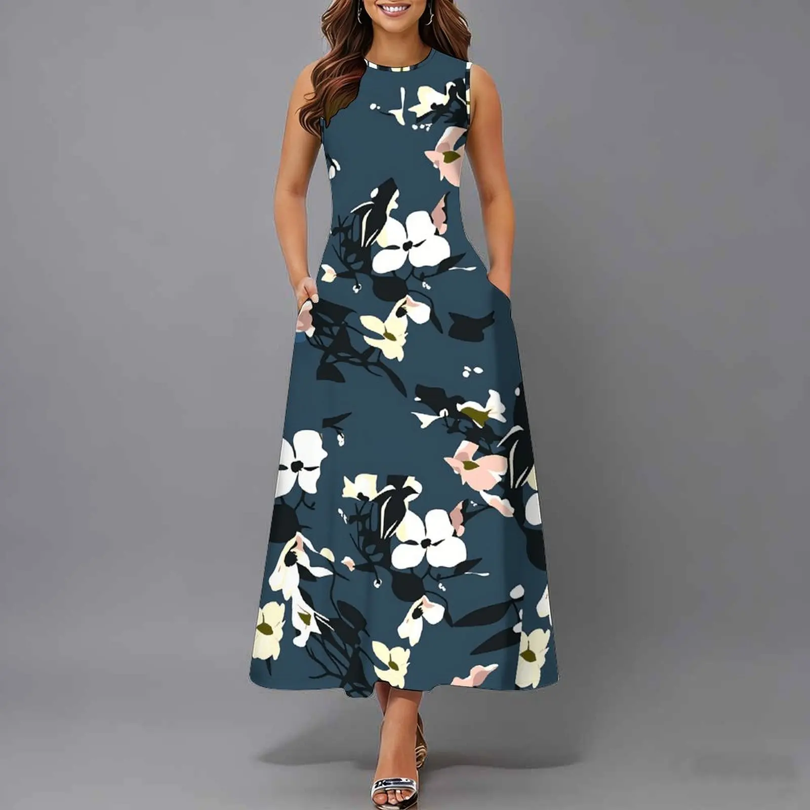 Women Sleeveless Long Maxi Dress With Pockets 3D Oil Painting Print Casual Loose Summer Vacation Party Sundress