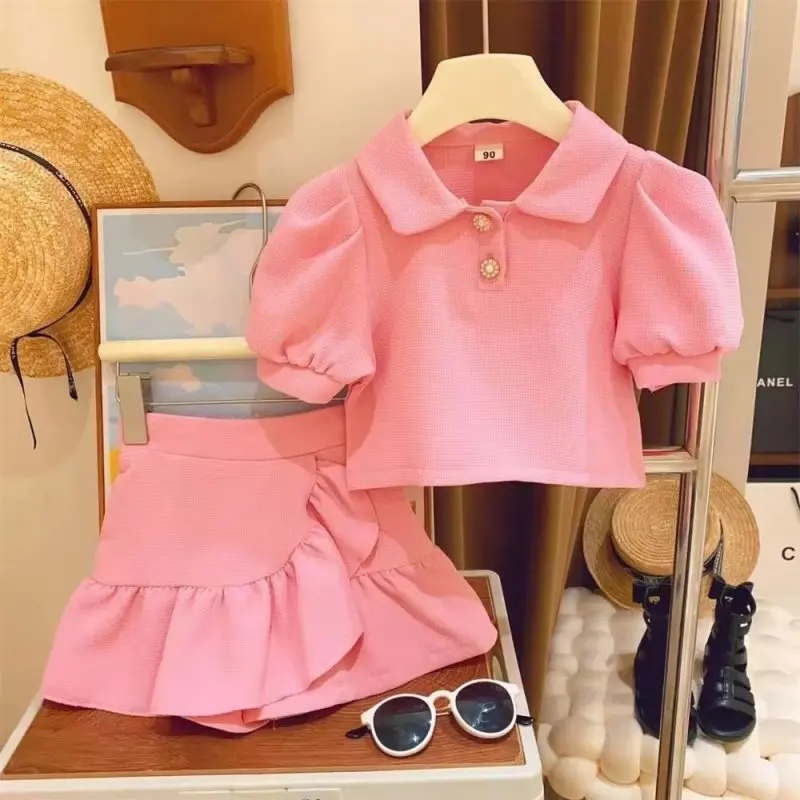 

Girls Clothes Sets Summer Lapel Shirt+Shorts Short Sleeve Tops Children Casual Clothing Suits Pink Girl Clothes 2Pcs 2-8 Yers