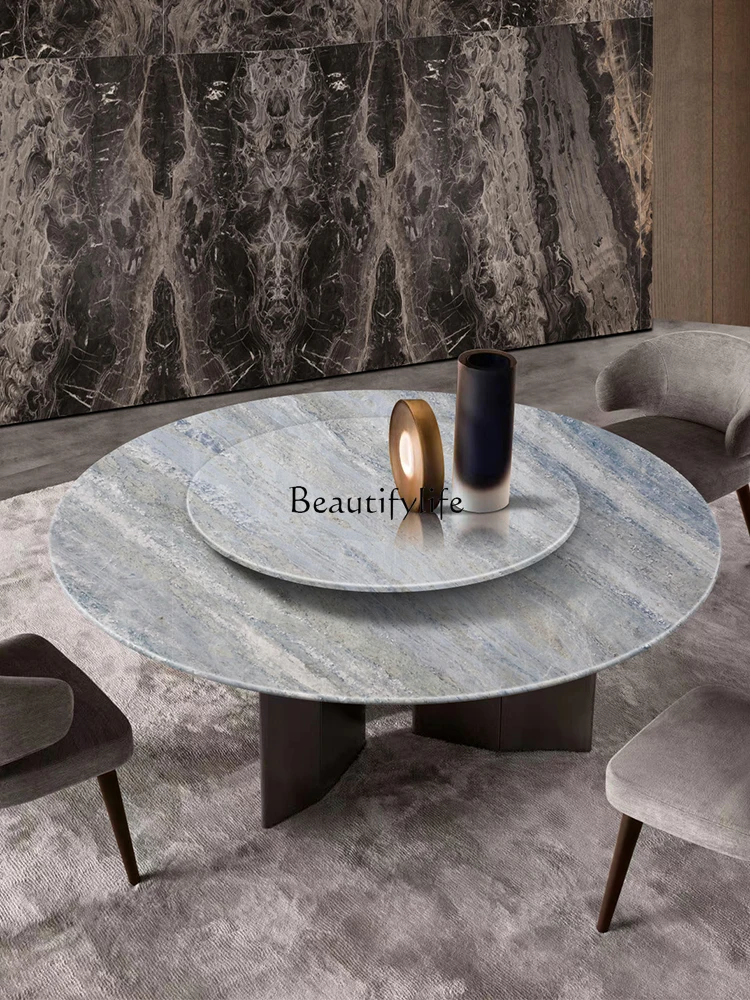 Marble Dining Table with Turntable Dining Tables and Chairs Set High-End Italian Blue Crystal Natural Luxury Stone