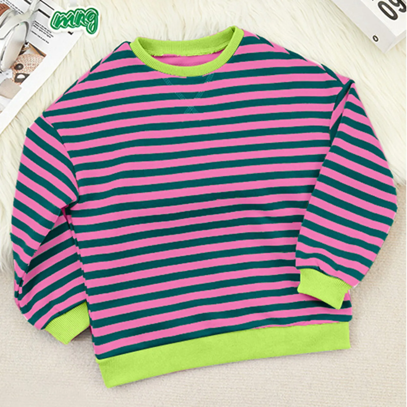 Kids Girls Pullover Striped Color Block Crew Neck Long Sleeve Sweatshirts Casual Loose Sweatshirt Classic Oversized Tops Blouses