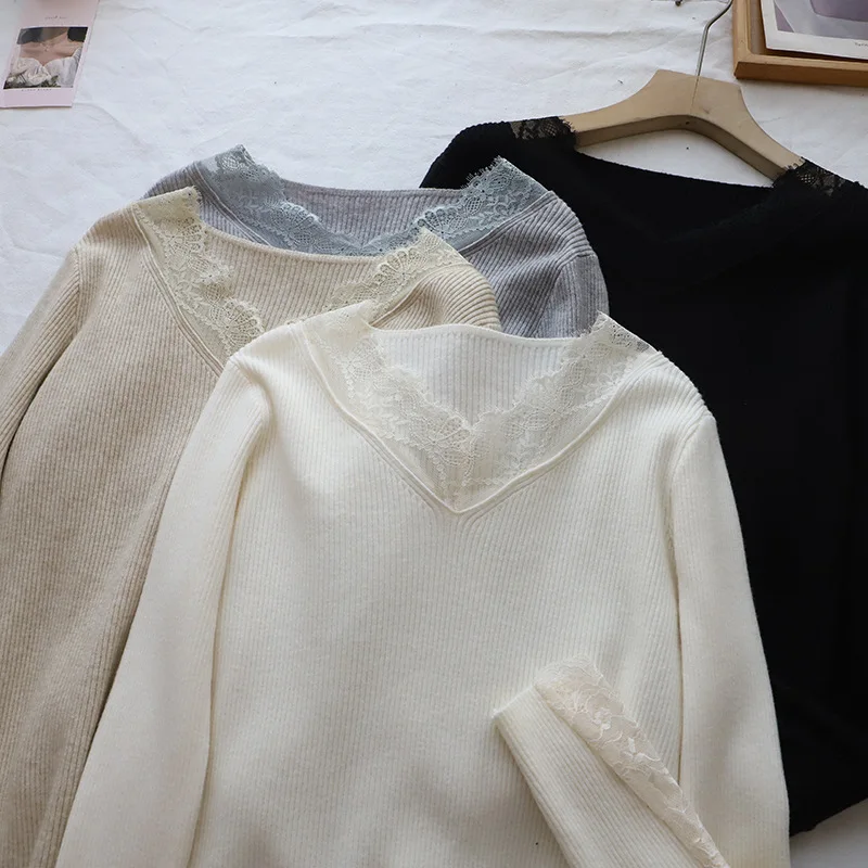 Winter Knitted Lace Top Women's Base Layer V-Ne Splicing Slimming Oats Color Warm Gentle Sle Faionable Innerwear