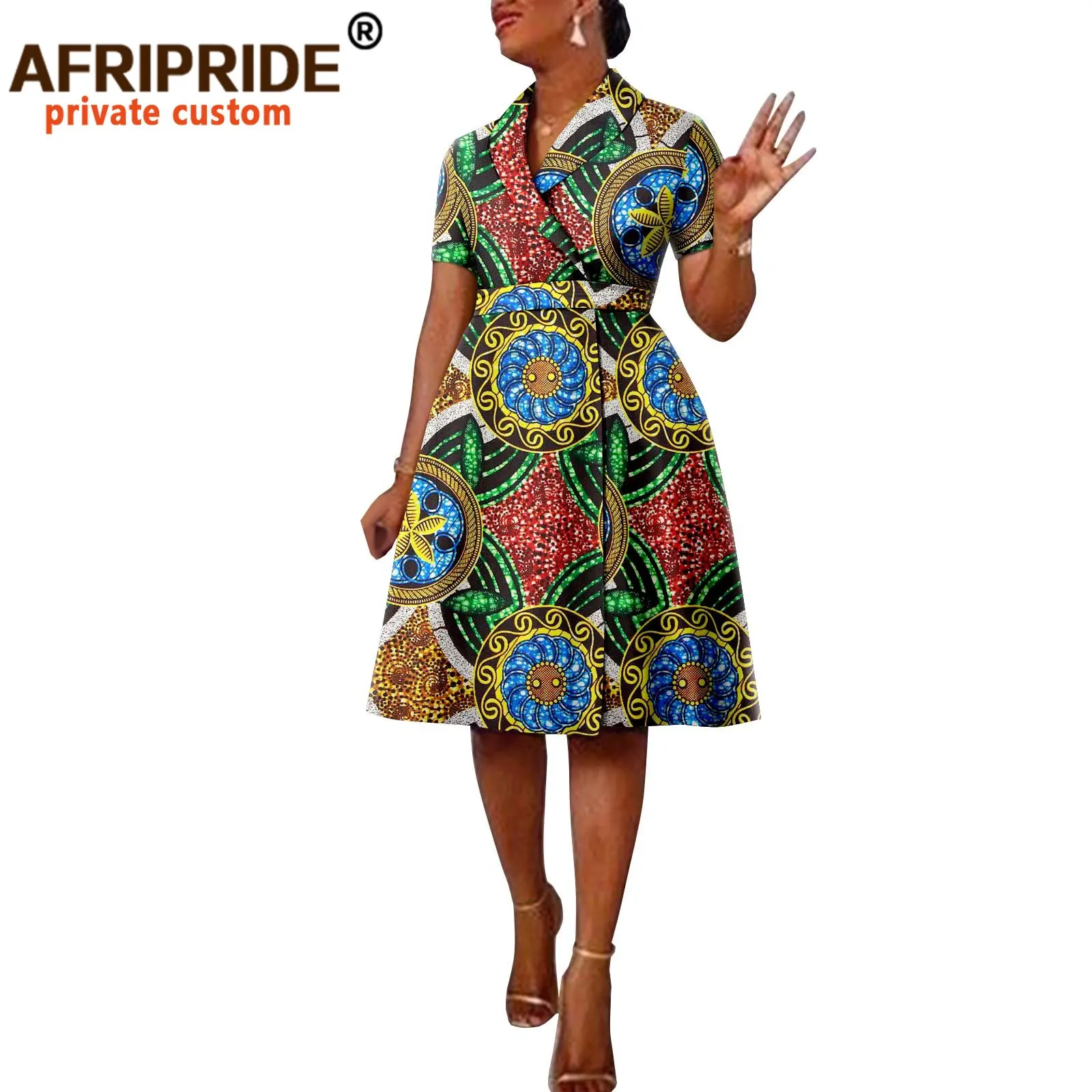 Ankara africana impressa estilo casual manga curta feminina cinto de algodão lapela acolchoada terno vestido de ombro, A2225140