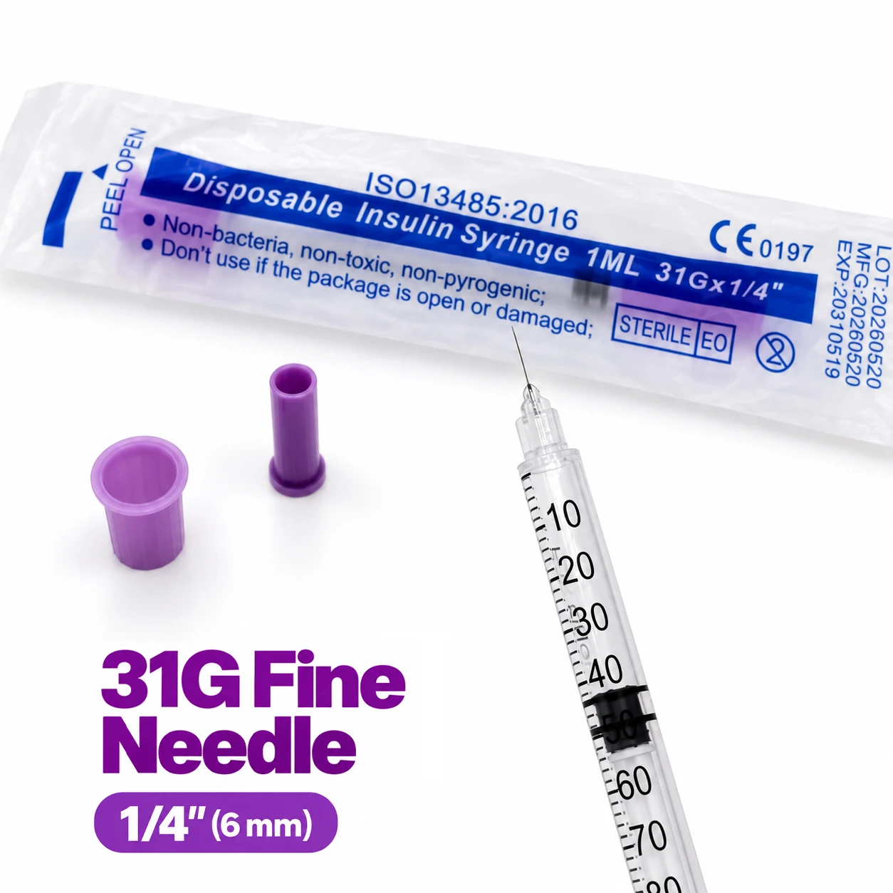 Purple 1ml U-100 Insulin Syringe 31G 6mm Sterile Disposable Insulin Injection with 1/4 Inch Needle Used for Dogs,Cats and Farm
