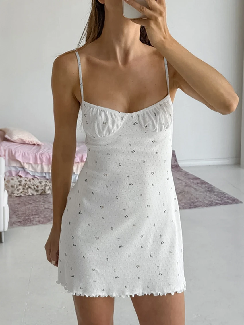 

Marthaqiqi Printing Female Pajama Spaghetti Strap Sleepwear Backless Nightgown Sleeveless Nightie Mini Dress Casual Home Clothes
