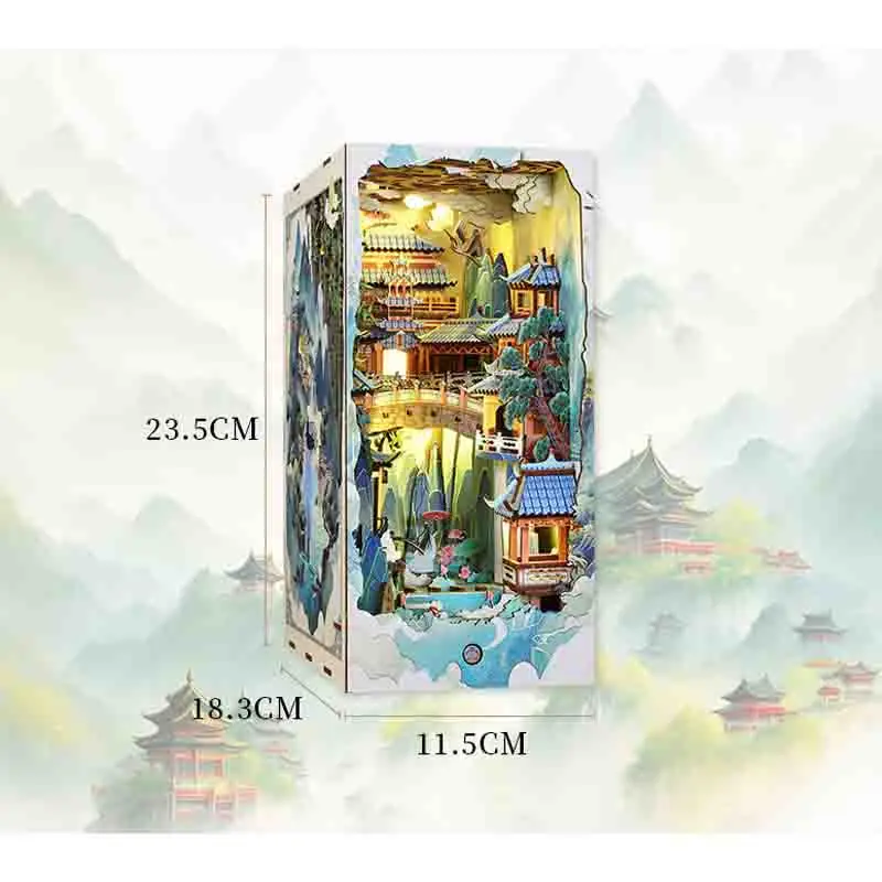 

DIY деревянная книжная полка-уголок, вставка, миниатюрные наборы, китайская книжная полка Penglai Wonderland, домашний декор для книг, подарки ручной работы