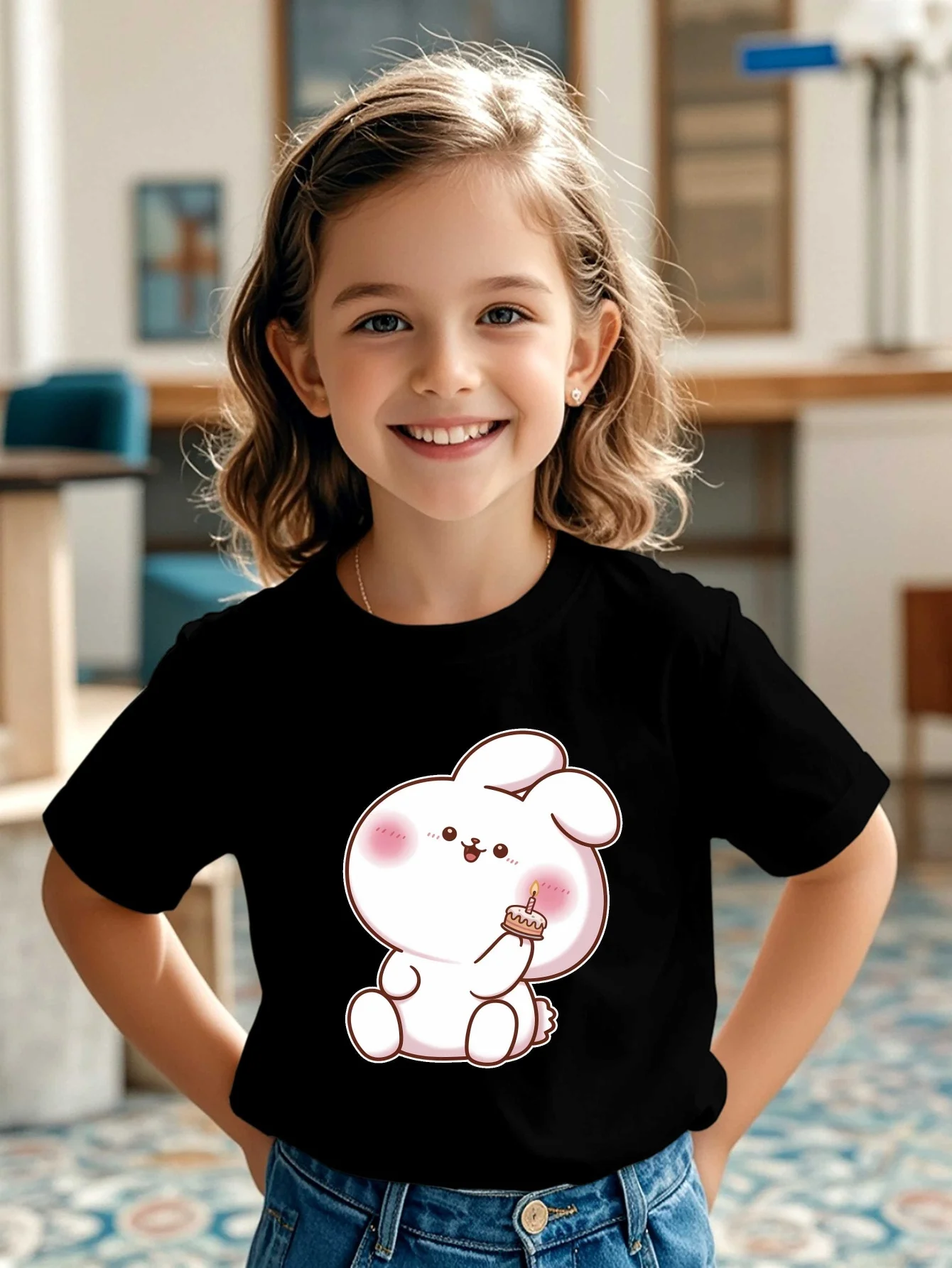 Blushing Bunny With Mini Birthday Cake Graphic T Shirt Family Matching Boys Girls Kids Short Sleeve Animal Children Daily Tops