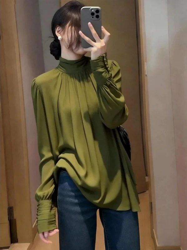 

Elegant Green Stand Collar Bubble Sleeve Shirt Women's Slimming Inner Wear Casual Loose Fit Long Sleeve Commute Top