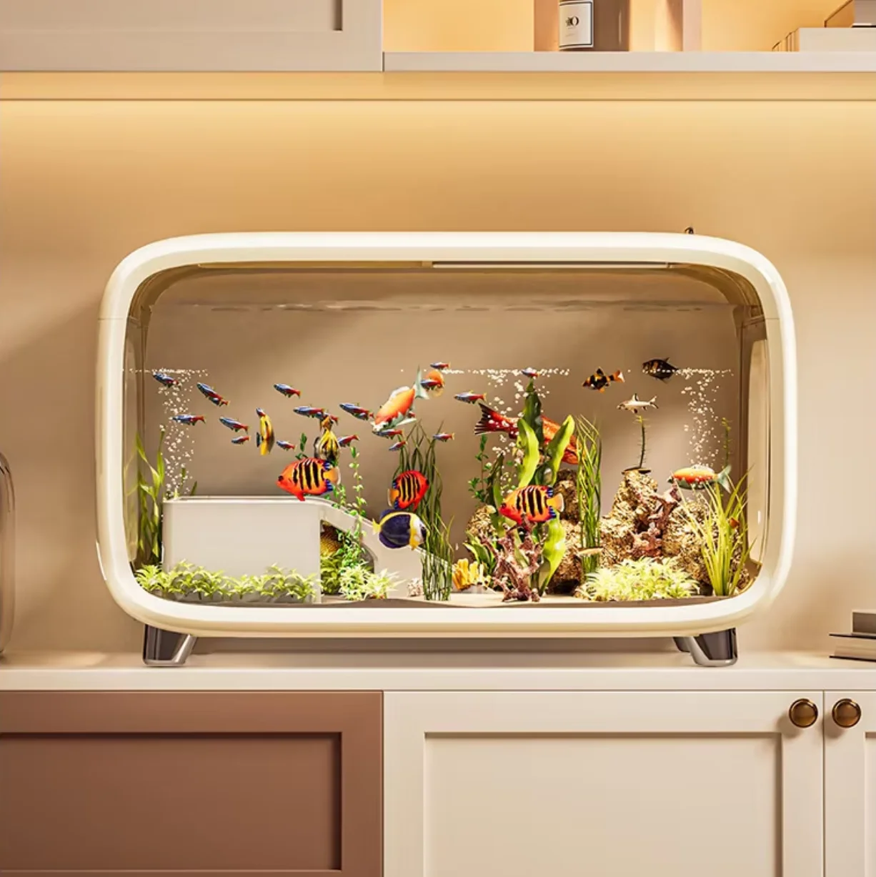 Creative Modern Rectangle Fish Tank 2.5L Home Use Light Luxury Cover Ecological High-Transparency Shatterproof Hips;as Material