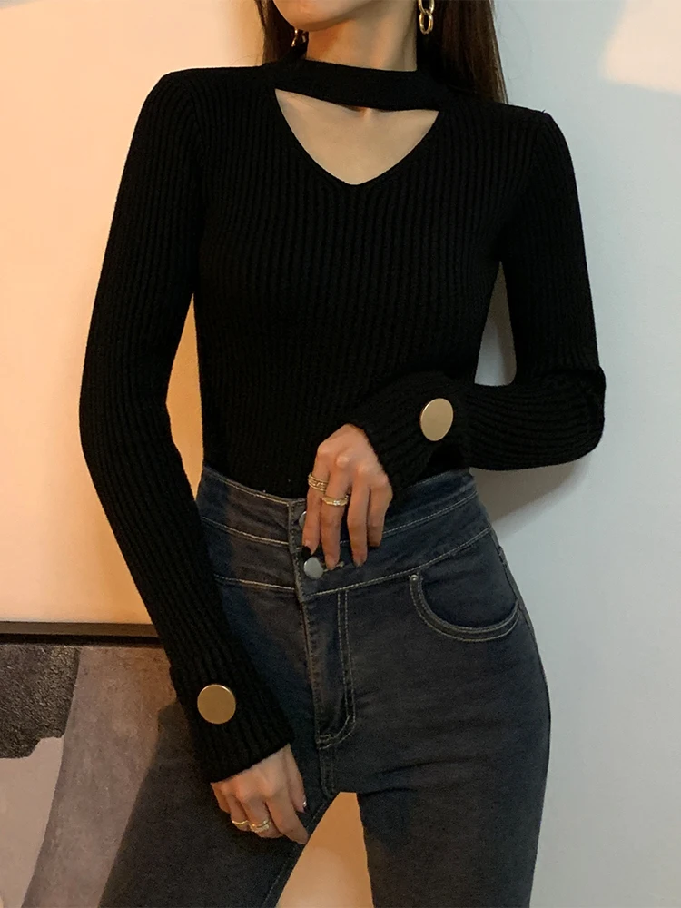 

Bla V-Ne Knitted Sweater Women's Long Sve Ne Hanging Top Slimming Hollow out Base Layer Design Winter Faion