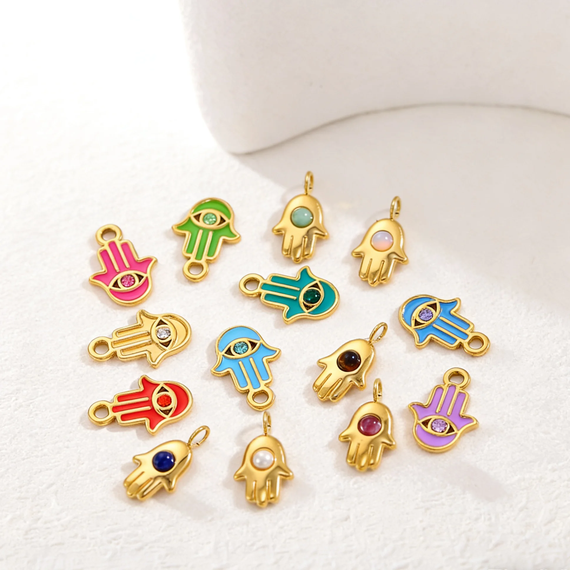 DIY klassischen Stil einzelne Emaille Anhänger Hamsa Hand Palm Halskette vergoldet wasserdicht Muster Edelstahl Schmuck Frauen
