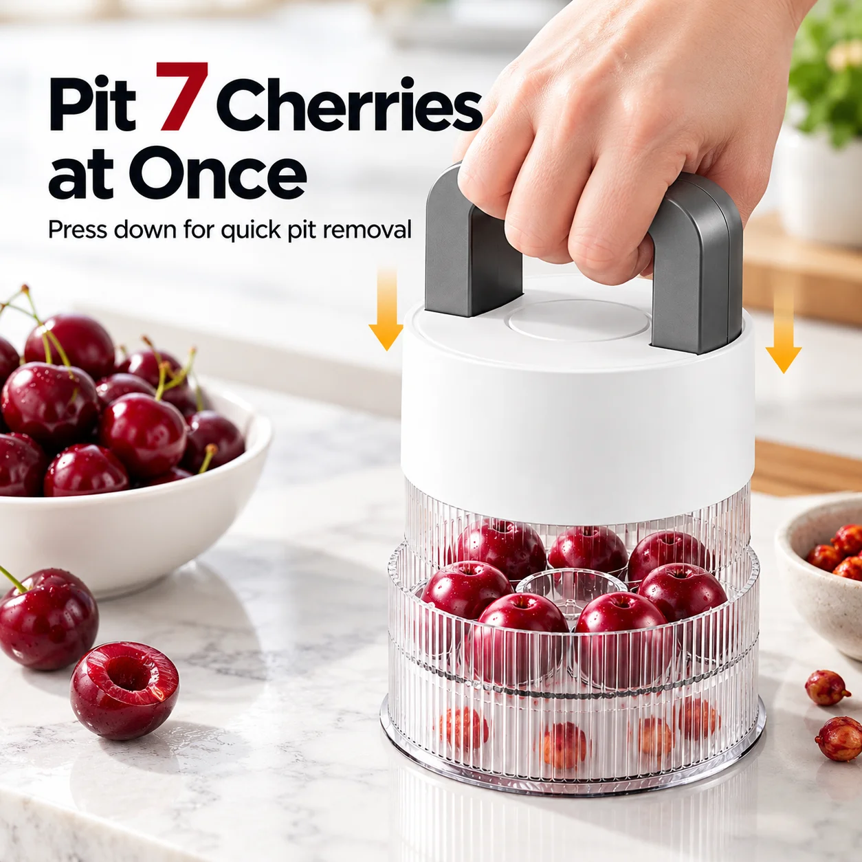 Uwhise 7 Hole Cherry Pitter Press Tool With See Through Container Easy Clean Fruit Core Remover For Baking Kitchen Tools