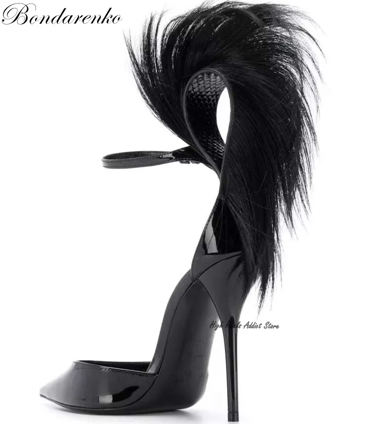 Décolleté da donna in pelle di piume nere cuore a punta tacchi a spillo con spalline tacchi alti donna Sexy elegante partito scarpe firmate di lusso