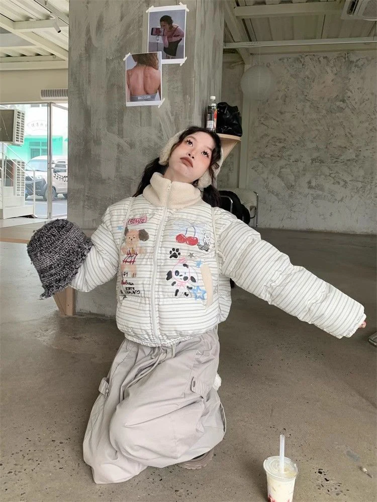 Parka con stampa cartoon preppy donna inverno vintage a righe Kawaii cappotti caldi gonfi colletto alla coreana retrò americano capispalla streetwear