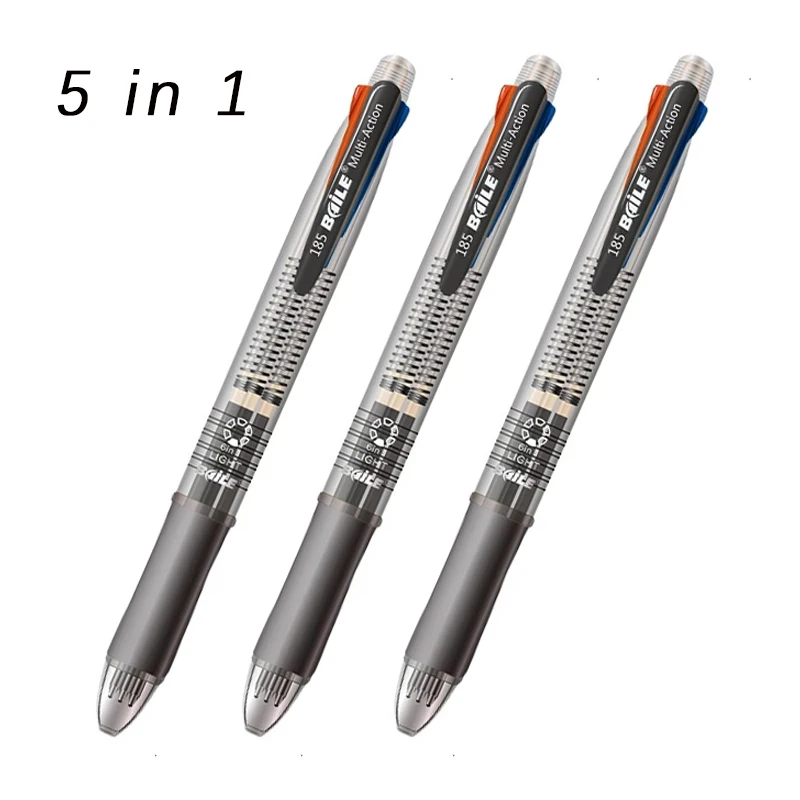 5 In 1 Multicolor Ballpoint Pen 0.7mm 4 Colors Ball Pen with 0.5mm Automatic Pencil Student Writing Marking Stationery Supplies