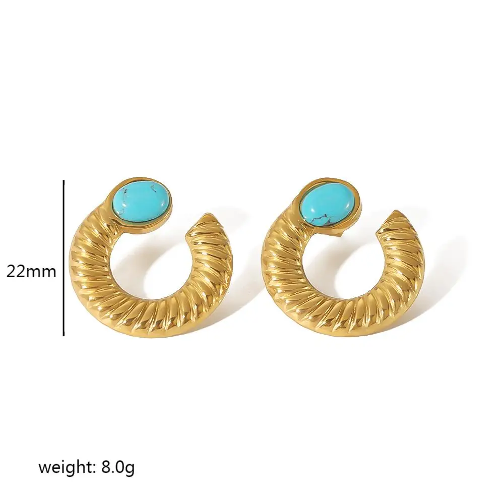 Fashion Elegant Boho Turquoise Earrings High Quanlity 18K Gold Plated Stainless Steel Texture Geometric Stud Earrings for Women