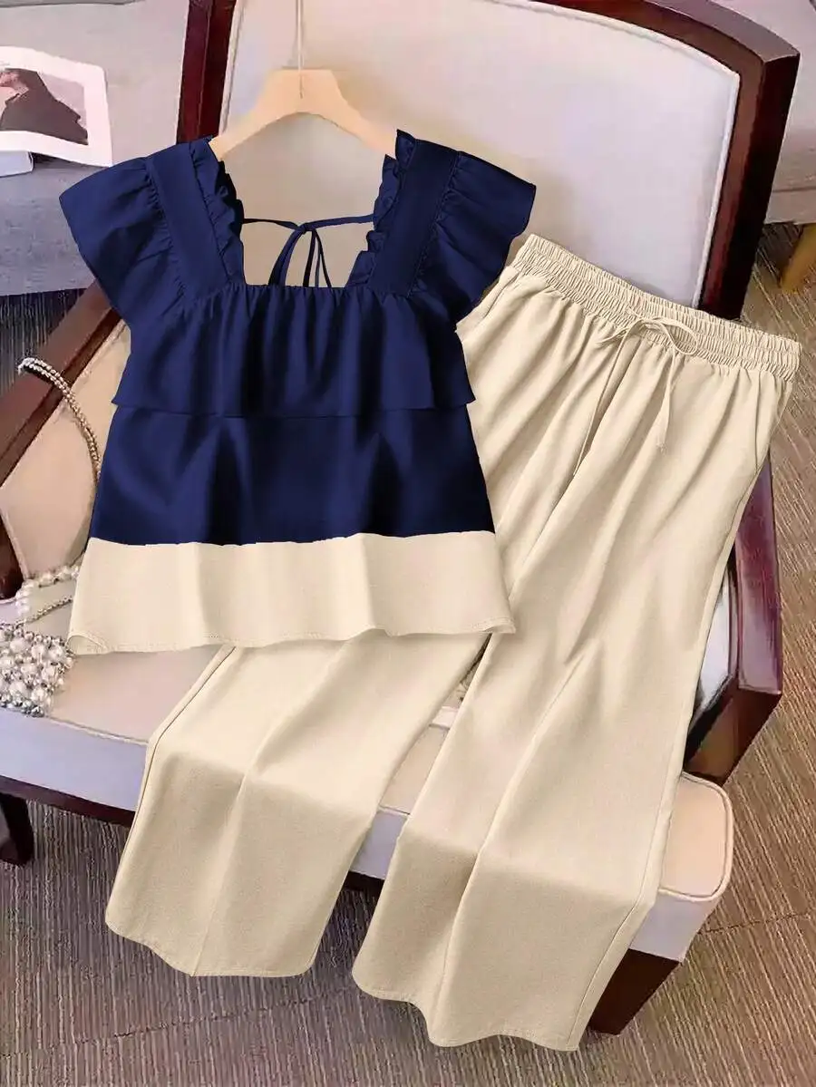 INAWLY Women's Elegant Set With Contrast Color Splicing Cap Sleeve Top And Knotted Long Pants