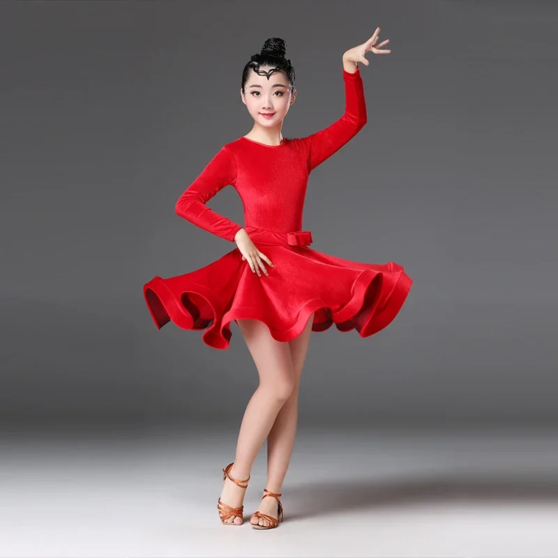 Kids Velvet Latin Dance Dress For Girls Child Competition Ballroom Tango Salsa Dancewear Practice Dancing Wear Cha Cha