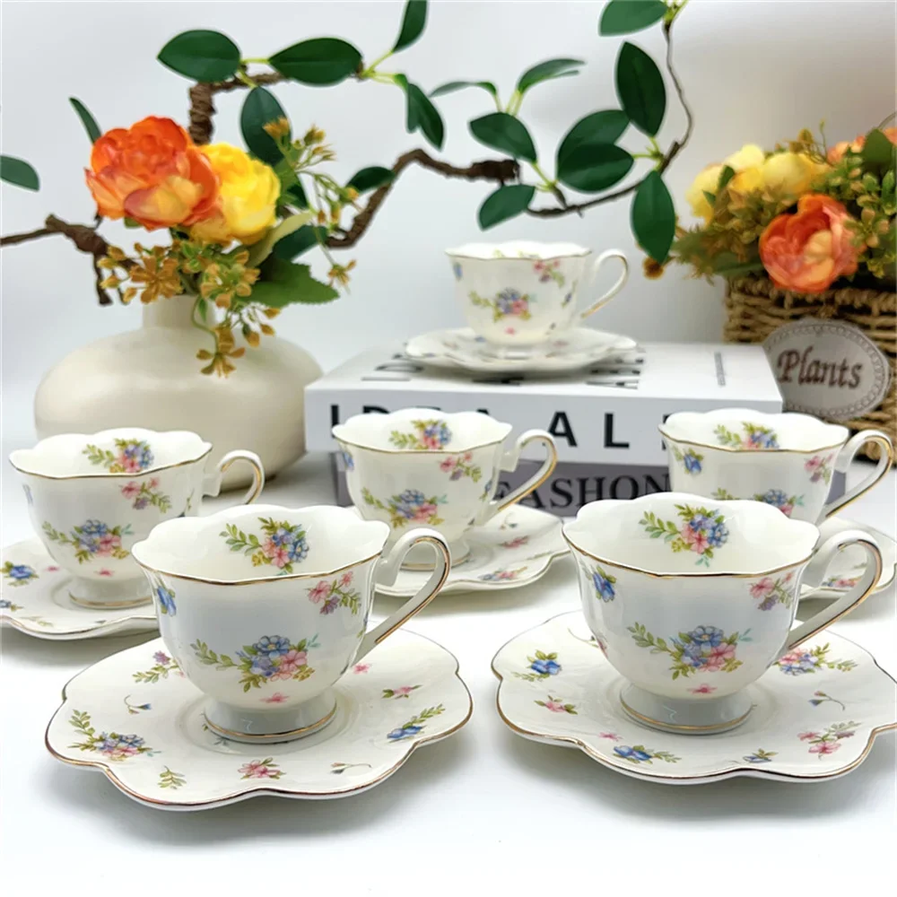 European Espresso Cup and Saucer Set Lotus-shaped Embossed 90ml Exquisite Small 6pc Coffee Cup Set Gift Box