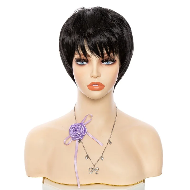 

European and American fashion wig women's short straight hair natural black chemical fiber mechanism high temperature silk headg
