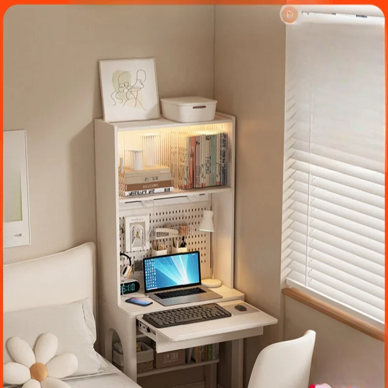 

Cream wind solid wood folding bookshelf integrated, small household white computer desk narrow