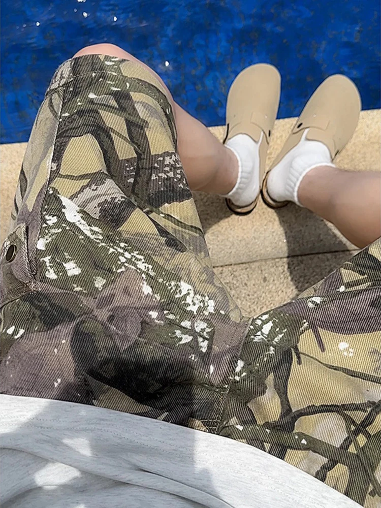 

Мужские летние тонкие брюки-карго из ледяного шелка в американском ретро-стиле, камуфляжные, дышащие, свободного кроя, длиной до колена