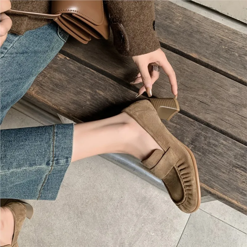 Dilalula 2026 Natural Cow Suede High Heels Loafers Women Pleated Slip On Footwear For Female Autumn Daily Shoes Real Leather